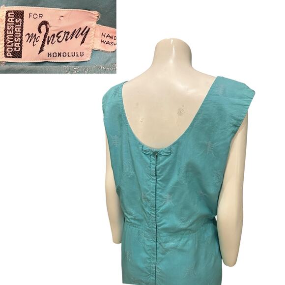 Vintage 1960s Polynesian Casuals Aqua Blue Hawaiian Wiggle Dress / Large - - Picture 4 of 4